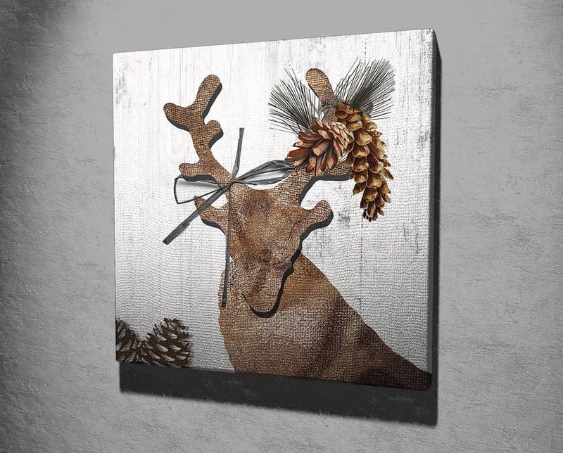 Canvas-taulu 45x45 cm - Tyylitelty poro, jonka koristeena on käpyjä ja vihreyttä - Ruskea / Beige / Vihreä - Sisustustuotteet - Taulu & taide - Canvas-taulu