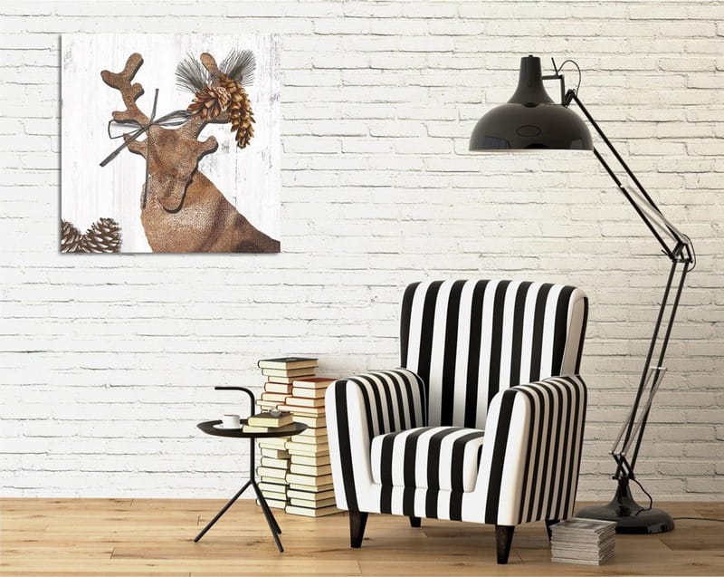 Canvas-taulu 45x45 cm - Tyylitelty poro, jonka koristeena on käpyjä ja vihreyttä, Ruskea / Beige / Vihreä