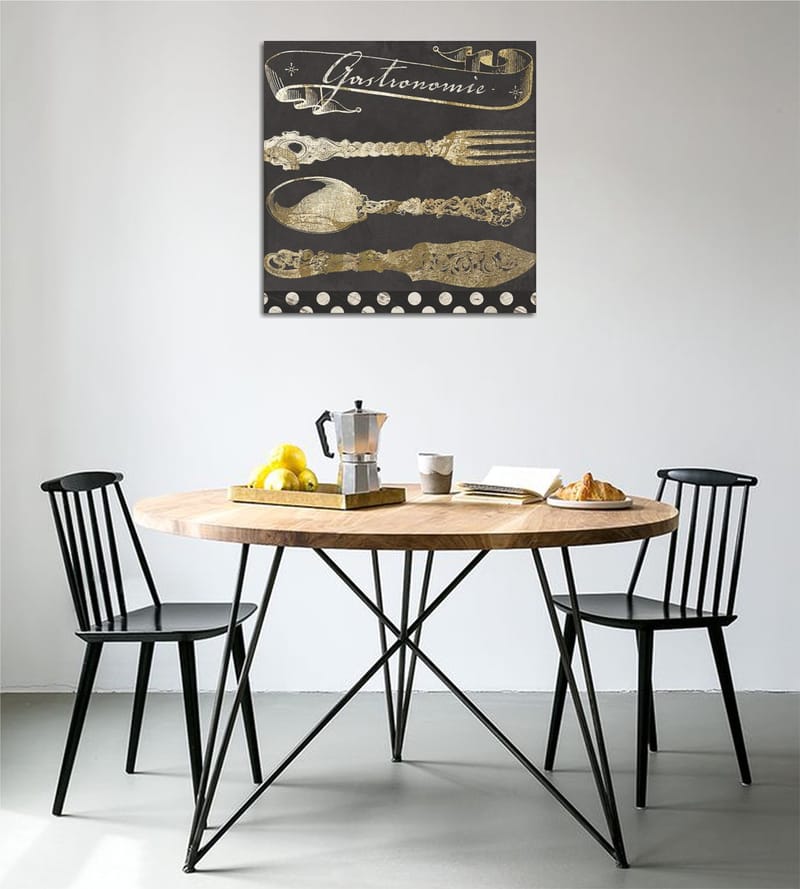 Canvas-taulu 45x45 cm - Tyyliteltyjä keittiövälineitä kultaisena tummaa taustaa vasten, Kulta / Musta