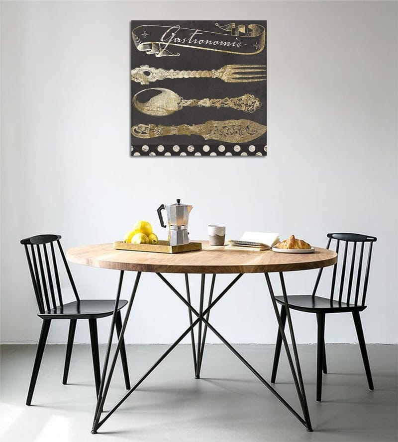 Canvas-taulu 45x45 cm - Tyyliteltyjä keittiövälineitä kultaisena tummaa taustaa vasten, Kulta / Musta