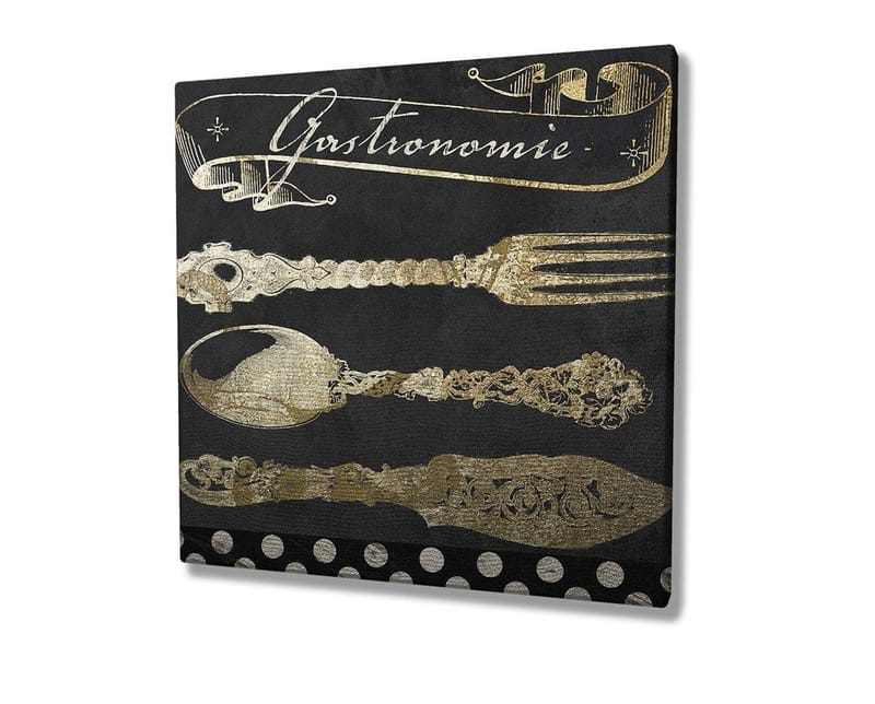 Canvas-taulu 45x45 cm - Tyyliteltyjä keittiövälineitä kultaisena tummaa taustaa vasten - Kulta / Musta - Sisustustuotteet - Taulu & taide - Canvas-taulu