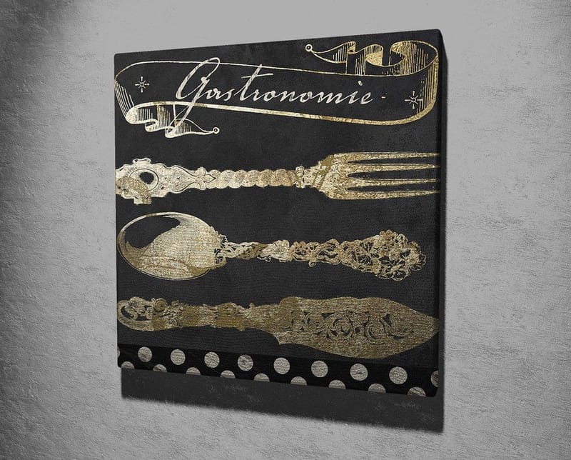 Canvas-taulu 45x45 cm - Tyyliteltyjä keittiövälineitä kultaisena tummaa taustaa vasten - Kulta / Musta - Sisustustuotteet - Taulu & taide - Canvas-taulu