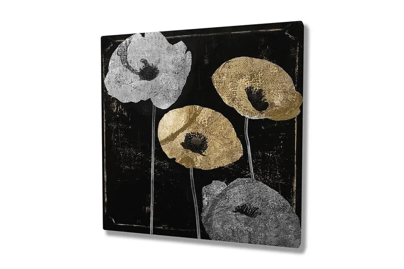 Canvas-taulu 45x45 cm - Tyyliteltyjä kukkia hopean ja kullan sävyissä mustalla taustalla, Hopea / Kulta / Musta