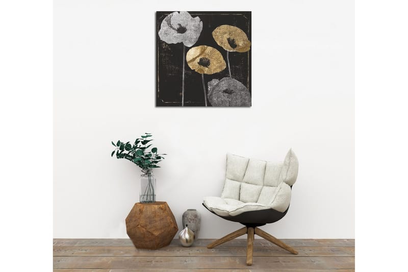 Canvas-taulu 45x45 cm - Tyyliteltyjä kukkia hopean ja kullan sävyissä mustalla taustalla - Hopea / Kulta / Musta - Sisustustuotteet - Taulu & taide - Canvas-taulu