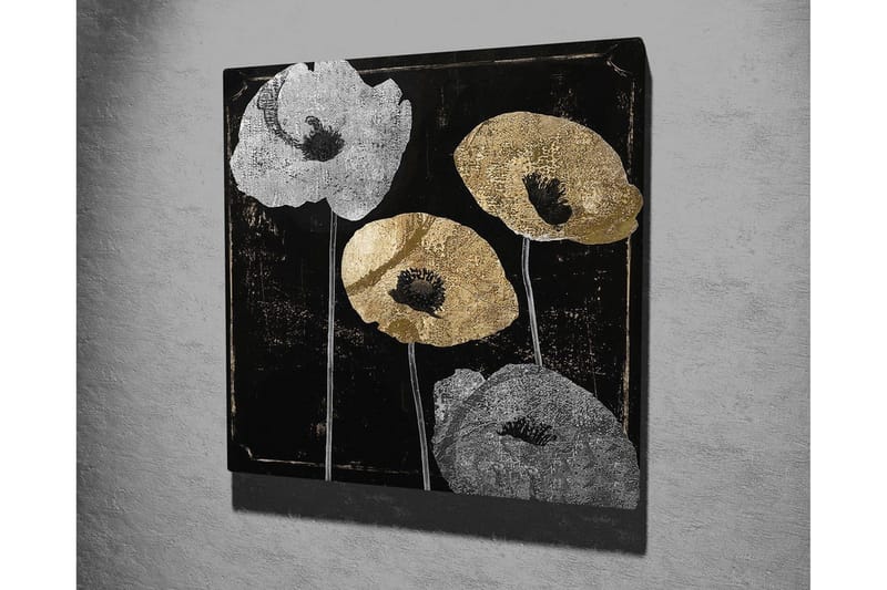 Canvas-taulu 45x45 cm - Tyyliteltyjä kukkia hopean ja kullan sävyissä mustalla taustalla - Hopea / Kulta / Musta - Sisustustuotteet - Taulu & taide - Canvas-taulu