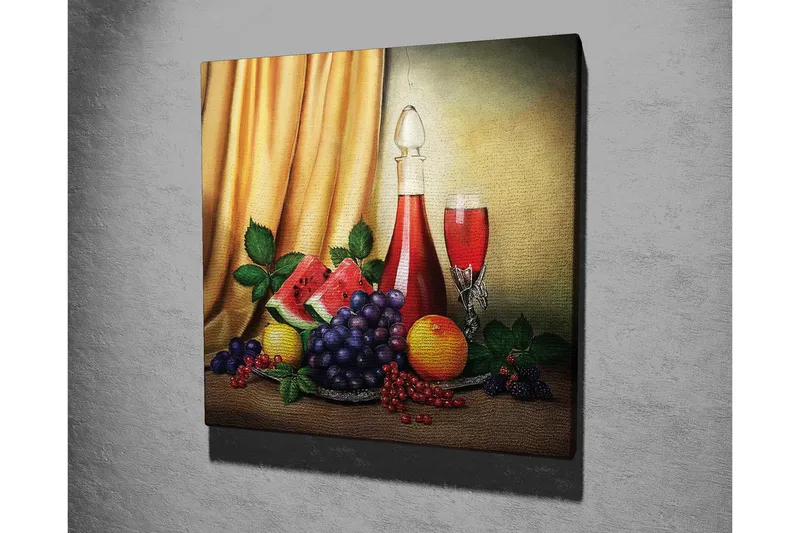 Canvas-taulu 45x45 cm - Tyyneyttä hedelmien ja juomakannun kera - Punainen / Vihreä / Violetti - Sisustustuotteet - Taulu & taide - Canvas-taulu