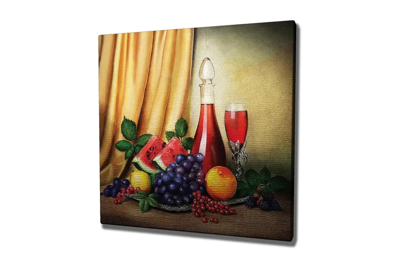 Canvas-taulu 45x45 cm - Tyyneyttä hedelmien ja juomakannun kera - Punainen / Vihreä / Violetti - Sisustustuotteet - Taulu & taide - Canvas-taulu