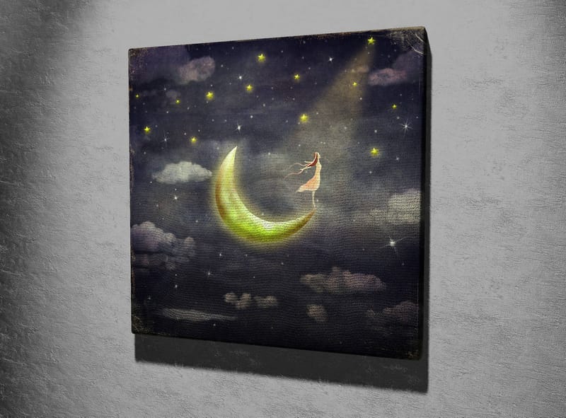 Canvas-taulu 45x45 cm - Unenomainen näkymä naisesta, joka seisoo kuulla tähtikirkkaana yönä - Tummansininen / Vihreä / Valkoinen - Sisustustuotteet - Taulu & taide - Canvas-taulu