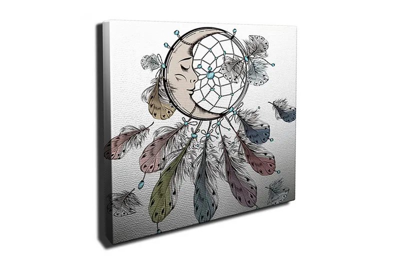 Canvas-taulu 45x45 cm - Unisieppari kasvoilla ja alaspäin leijuvilla höyhenillä, Sininen / Ruskea / Vihreä