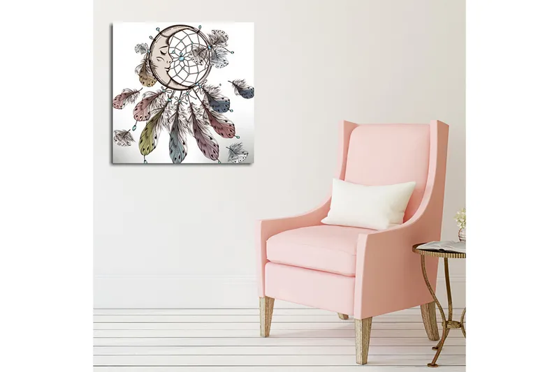 Canvas-taulu 45x45 cm - Unisieppari kasvoilla ja alaspäin leijuvilla höyhenillä - Sininen / Ruskea / Vihreä - Sisustustuotteet - Taulu & taide - Canvas-taulu