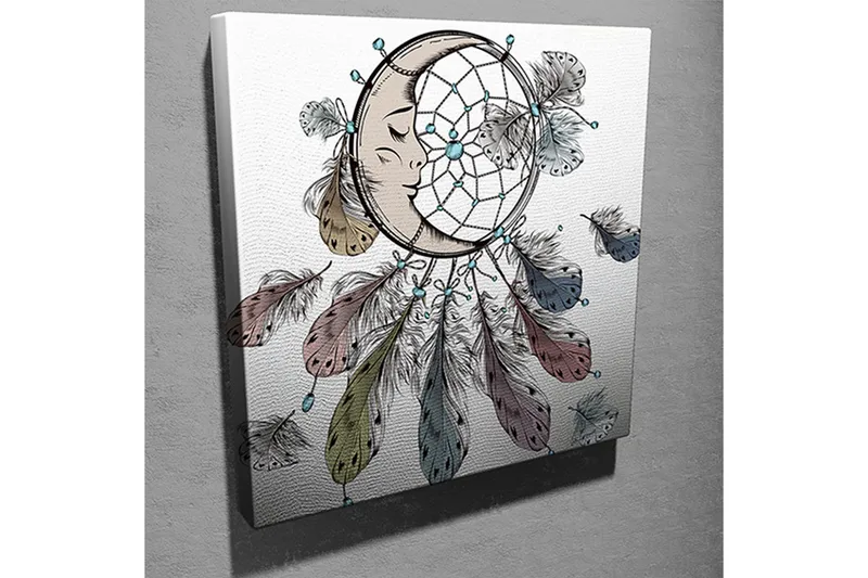 Canvas-taulu 45x45 cm - Unisieppari kasvoilla ja alaspäin leijuvilla höyhenillä - Sininen / Ruskea / Vihreä - Sisustustuotteet - Taulu & taide - Canvas-taulu