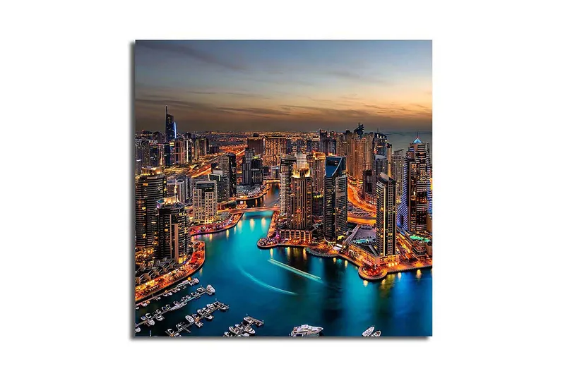 Canvas-taulu 45x45 cm - Upea näkymä moderniin kaupunkiin hämärässä, Sininen / Oranssi / Harmaa