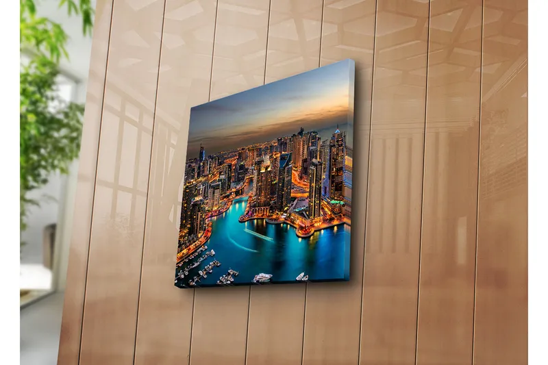 Canvas-taulu 45x45 cm - Upea näkymä moderniin kaupunkiin hämärässä - Sininen / Oranssi / Harmaa - Sisustustuotteet - Taulu & taide - Canvas-taulu