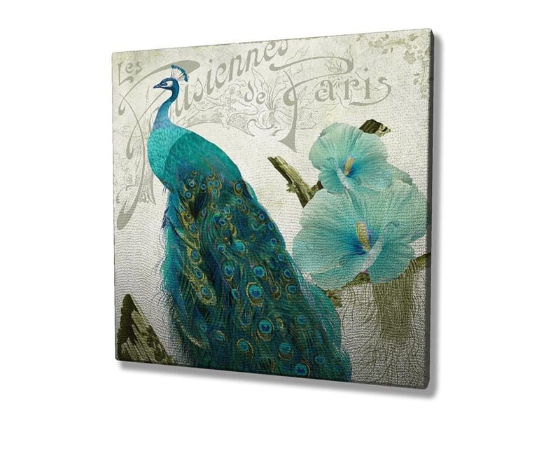 Canvas-taulu 45x45 cm - Upea riikinkukko yksityiskohtaisilla höyhenillä ja kukilla taustalla - Turkoosi / Vihreä / Valkoinen - Sisustustuotteet - Taulu & taide - Canvas-taulu