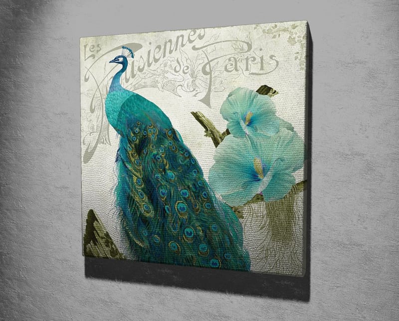 Canvas-taulu 45x45 cm - Upea riikinkukko yksityiskohtaisilla höyhenillä ja kukilla taustalla - Turkoosi / Vihreä / Valkoinen - Sisustustuotteet - Taulu & taide - Canvas-taulu