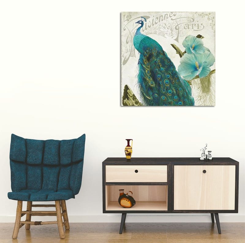 Canvas-taulu 45x45 cm - Upea riikinkukko yksityiskohtaisilla höyhenillä ja kukilla taustalla, Turkoosi / Vihreä / Valkoinen