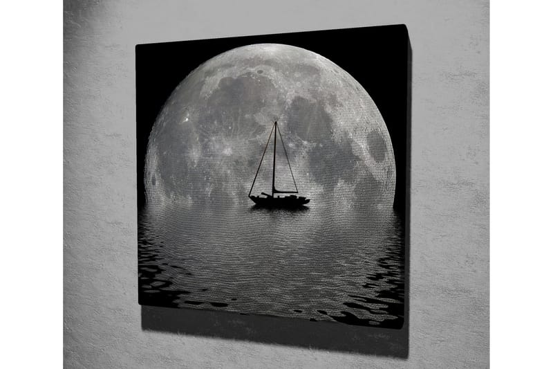 Canvas-taulu 45x45 cm - Upea täysikuu heijastuu veteen purjevene etualalla - Harmaa / Musta - Sisustustuotteet - Taulu & taide - Canvas-taulu