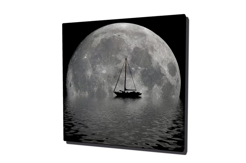 Canvas-taulu 45x45 cm - Upea täysikuu heijastuu veteen purjevene etualalla - Harmaa / Musta - Sisustustuotteet - Taulu & taide - Canvas-taulu