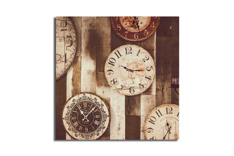 Canvas-taulu 45x45 cm - Useita vintage-seinäkelloja eri kokoisina ja tyyleinä, Beige / Ruskea / Musta
