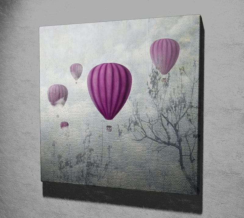 Canvas-taulu 45x45 cm - Useita violetteja ilmapalloja leijumassa sumuisen taivaan yllä - Violetti / Harmaa / Valkoinen - Sisustustuotteet - Taulu & taide - Canvas-taulu