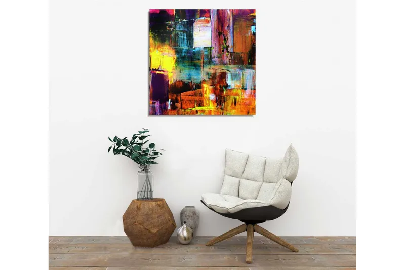 Canvas-taulu 45x45 cm - Värikäs abstrakti sommitelma geometrisilla muodoilla - Violetti / Keltainen / Oranssi - Sisustustuotteet - Taulu & taide - Canvas-taulu