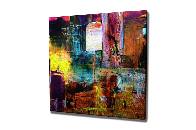 Canvas-taulu 45x45 cm - Värikäs abstrakti sommitelma geometrisilla muodoilla, Violetti / Keltainen / Oranssi