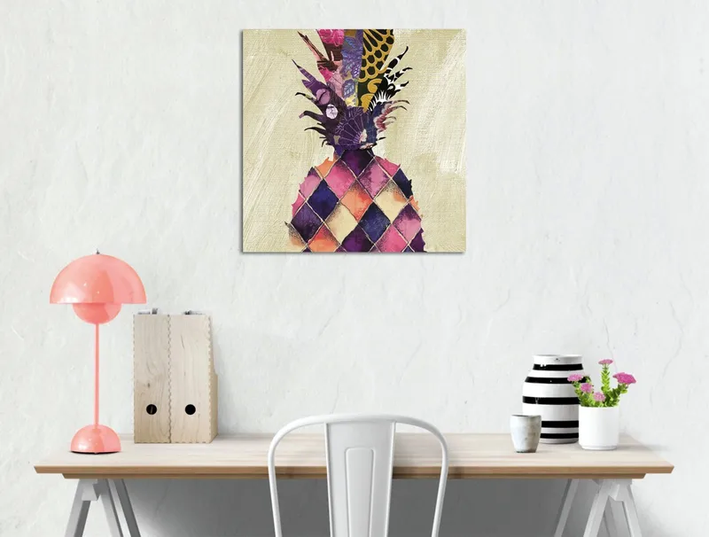 Canvas-taulu 45x45 cm - Värikäs ananas geometrisilla kuvioilla, Violetti / Keltainen / Vaaleanpunainen