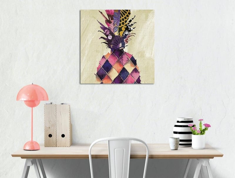 Canvas-taulu 45x45 cm - Värikäs ananas geometrisilla kuvioilla, Violetti / Keltainen / Vaaleanpunainen