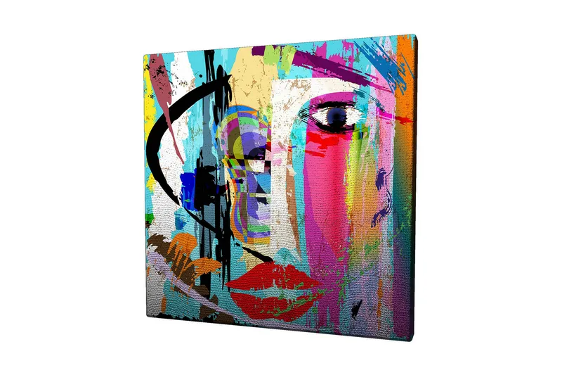 Canvas-taulu 45x45 cm - Värikäs kasvokuva abstrakteilla elementeillä, Sininen / Vaaleanpunainen / Oranssi