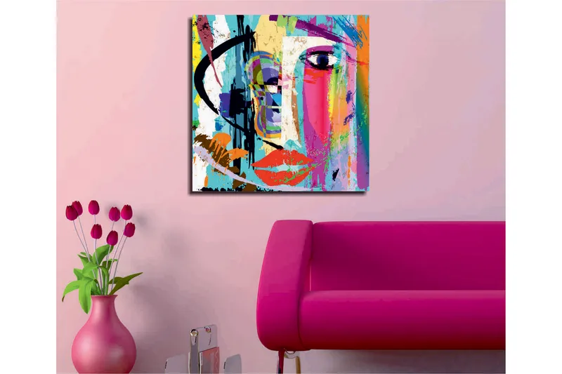 Canvas-taulu 45x45 cm - Värikäs kasvokuva abstrakteilla elementeillä - Sininen / Vaaleanpunainen / Oranssi - Sisustustuotteet - Taulu & taide - Canvas-taulu