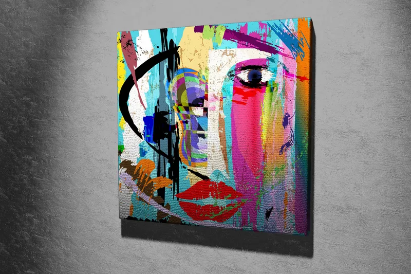 Canvas-taulu 45x45 cm - Värikäs kasvokuva abstrakteilla elementeillä - Sininen / Vaaleanpunainen / Oranssi - Sisustustuotteet - Taulu & taide - Canvas-taulu