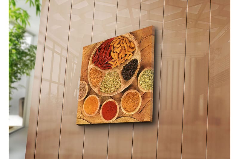 Canvas-taulu 45x45 cm - Värikäs kokoelma mausteita ja yrttejä pyöreällä lautasella - Punainen / Keltainen / Ruskea - Sisustustuotteet - Taulu & taide - Canvas-taulu