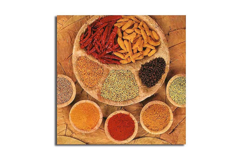 Canvas-taulu 45x45 cm - Värikäs kokoelma mausteita ja yrttejä pyöreällä lautasella, Punainen / Keltainen / Ruskea