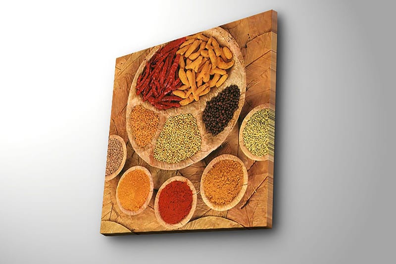 Canvas-taulu 45x45 cm - Värikäs kokoelma mausteita ja yrttejä pyöreällä lautasella - Punainen / Keltainen / Ruskea - Sisustustuotteet - Taulu & taide - Canvas-taulu