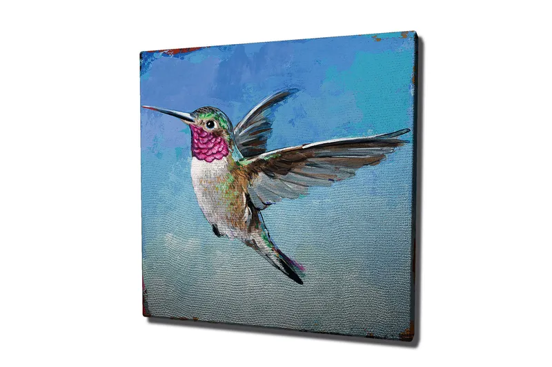 Canvas-taulu 45x45 cm - Värikäs kolibri lennossa, Turkoosi / Vaaleanpunainen / Vihreä