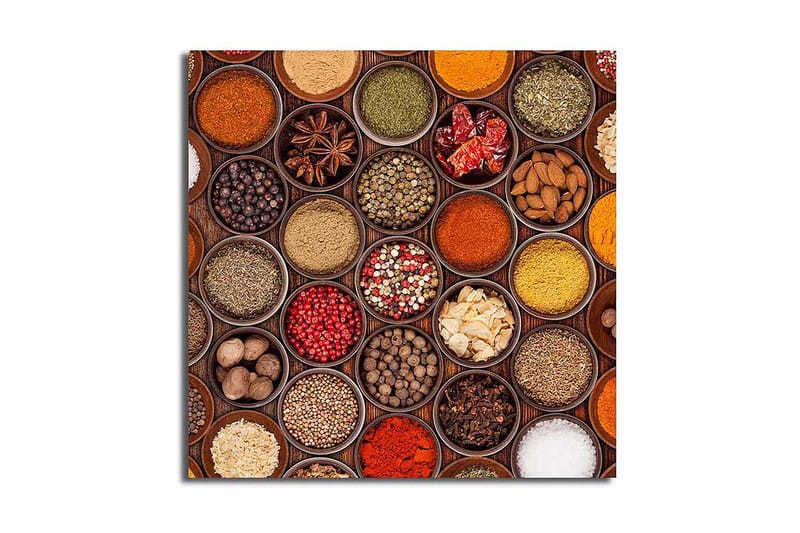 Canvas-taulu 45x45 cm - Värikäs maustekokoelma kulhoissa, Punainen / Keltainen / Vihreä