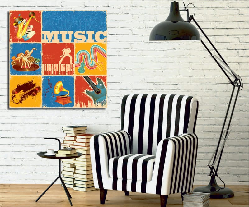 Canvas-taulu 45x45 cm - Värikäs musiikista inspiroitunut sävellys soittimilla ja nuoteilla, Sininen / Punainen / Keltainen