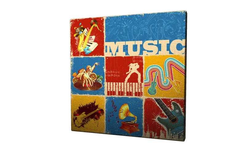 Canvas-taulu 45x45 cm - Värikäs musiikista inspiroitunut sävellys soittimilla ja nuoteilla - Sininen / Punainen / Keltainen - Sisustustuotteet - Taulu & taide - Canvas-taulu