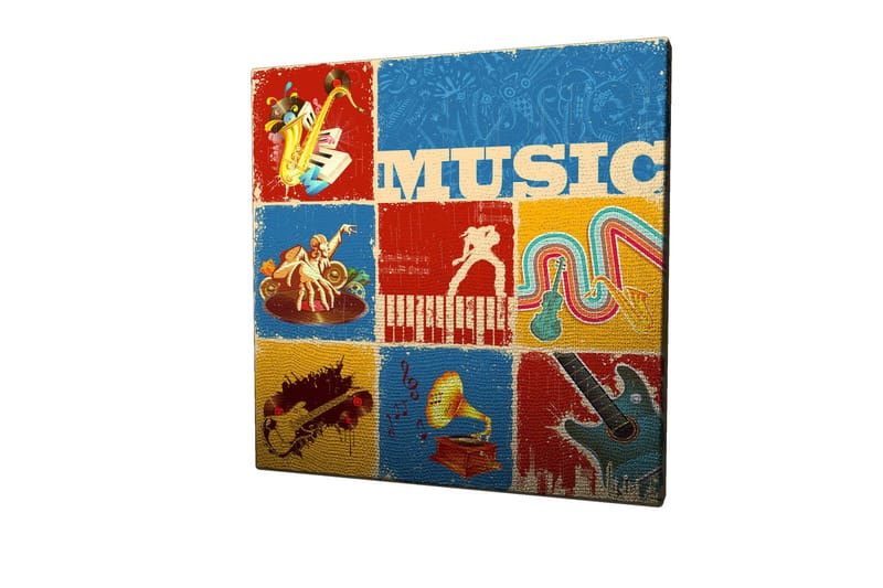 Canvas-taulu 45x45 cm - Värikäs musiikista inspiroitunut sävellys soittimilla ja nuoteilla - Sininen / Punainen / Keltainen - Sisustustuotteet - Taulu & taide - Canvas-taulu