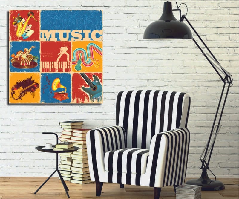 Canvas-taulu 45x45 cm - Värikäs musiikista inspiroitunut sävellys soittimilla ja nuoteilla, Sininen / Punainen / Keltainen