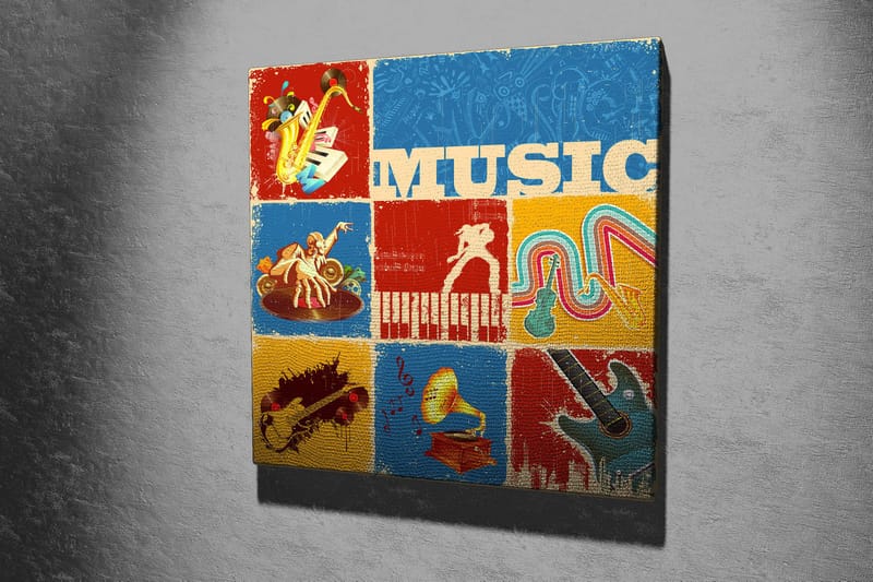 Canvas-taulu 45x45 cm - Värikäs musiikista inspiroitunut sävellys soittimilla ja nuoteilla - Sininen / Punainen / Keltainen - Sisustustuotteet - Taulu & taide - Canvas-taulu