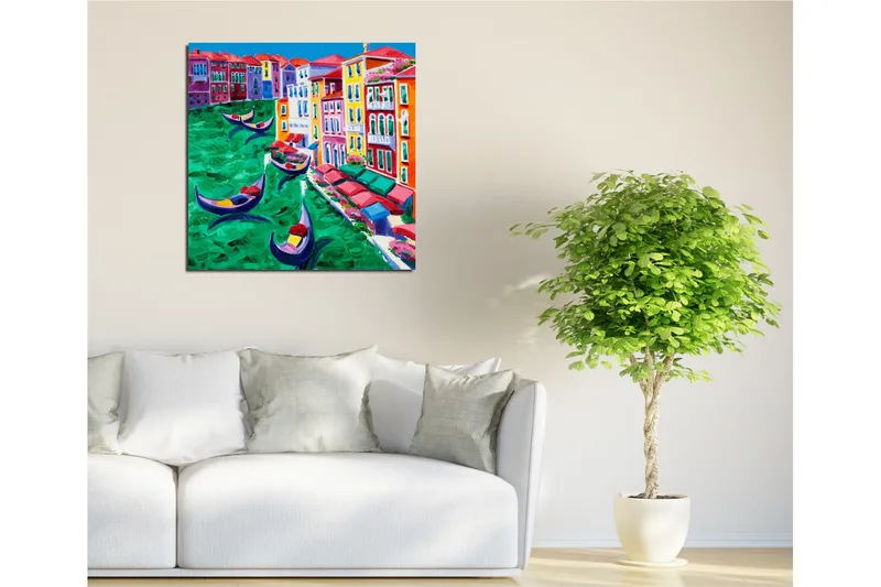 Canvas-taulu 45x45 cm - Värikäs näkymä kanavasta gondoleineen ja värikkäine rakennuksineen - Vihreä / Punainen / Sininen - Sisustustuotteet - Taulu & taide - Canvas-taulu