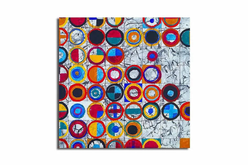 Canvas-taulu 45x45 cm - Värikäs sommitelma erikokoisista ympyröistä, Punainen / Sininen / Musta