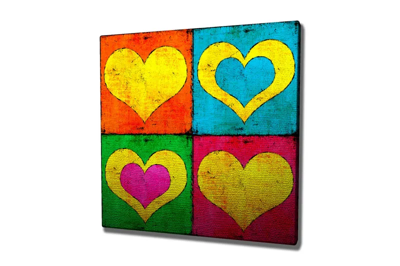 Canvas-taulu 45x45 cm - Värikäs sommitelma erivärisillä sydämillä, Keltainen / Sininen / Vihreä