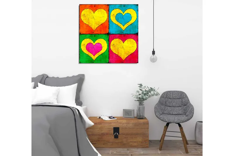 Canvas-taulu 45x45 cm - Värikäs sommitelma erivärisillä sydämillä - Keltainen / Sininen / Vihreä - Sisustustuotteet - Taulu & taide - Canvas-taulu