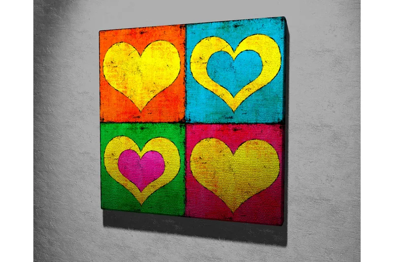 Canvas-taulu 45x45 cm - Värikäs sommitelma erivärisillä sydämillä - Keltainen / Sininen / Vihreä - Sisustustuotteet - Taulu & taide - Canvas-taulu