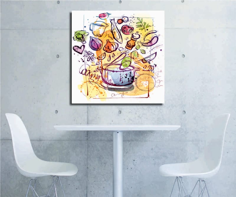 Canvas-taulu 45x45 cm - Värikäs sommitelma keittiövälineistä ja vihanneksista, Vihreä / Violetti / Oranssi