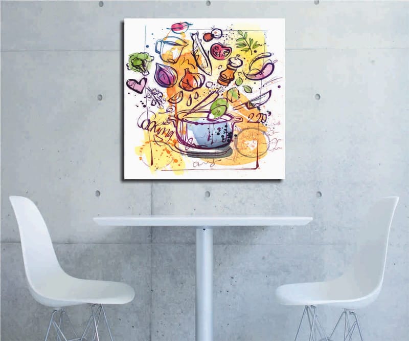 Canvas-taulu 45x45 cm - Värikäs sommitelma keittiövälineistä ja vihanneksista, Vihreä / Violetti / Oranssi