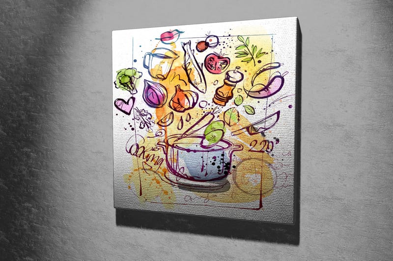Canvas-taulu 45x45 cm - Värikäs sommitelma keittiövälineistä ja vihanneksista - Vihreä / Violetti / Oranssi - Sisustustuotteet - Taulu & taide - Canvas-taulu