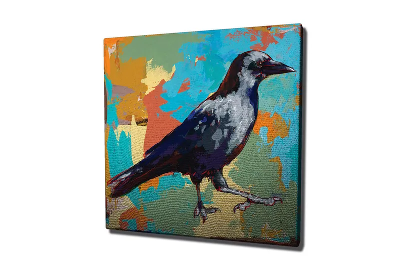 Canvas-taulu 45x45 cm - Värikäs varis kävelee eteenpäin, Sininen / Oranssi / Harmaa